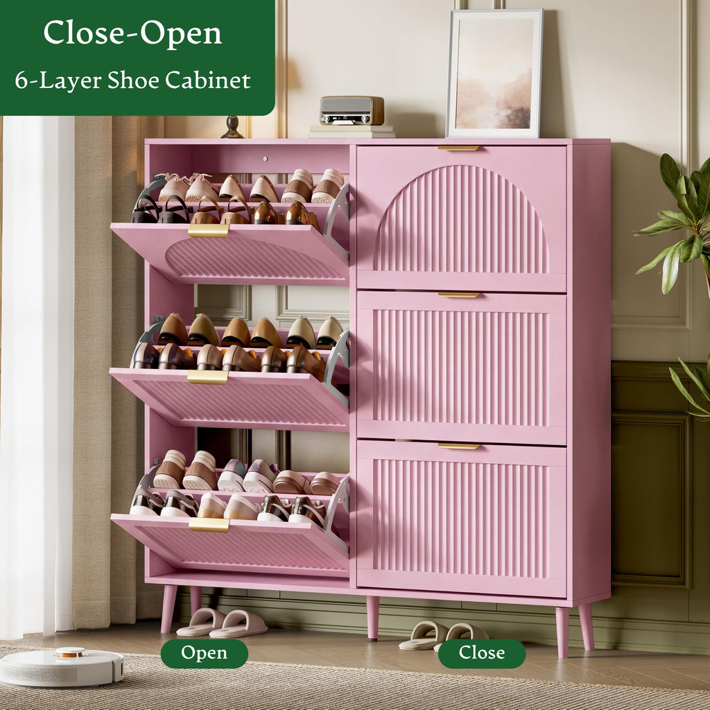 Shoe Storage Cabinet with 6 Flip Drawers, 50" Tall Narrow Wood Fluted Shoe Organizer, Freestanding Wooden Hidden
