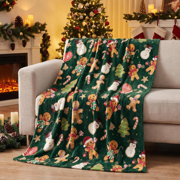 Christmas Green Gingerbread Flannel Throw Blanket 50x60