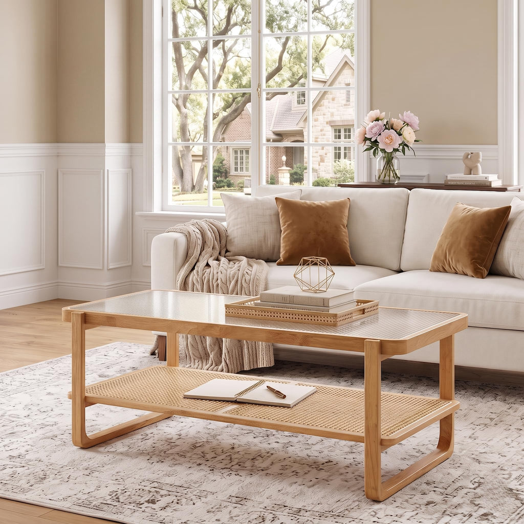 Solid Wood Coffee Table, Modern Rattan Coffee Table with 2-Tier Storage Shelf, Boho Rectangle Coffee Table with Glass