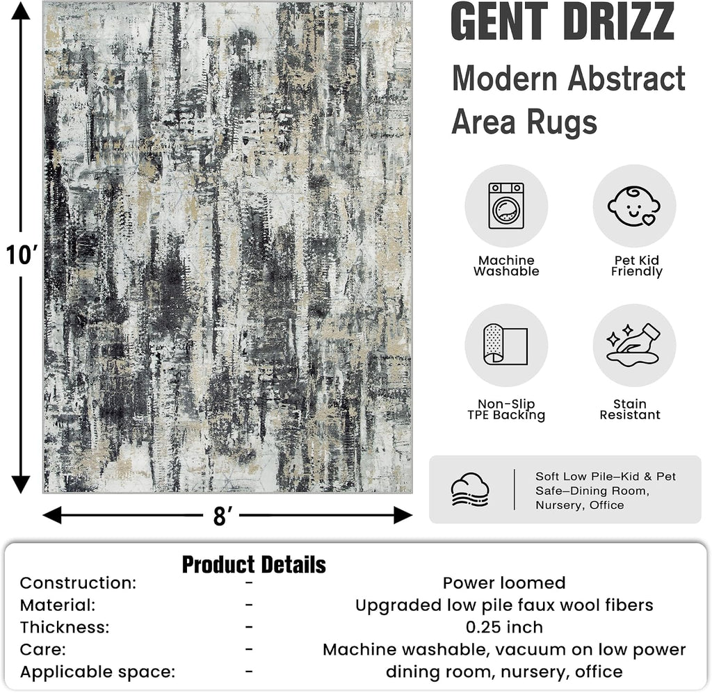 8x10 Area Rugs: Washable Abstract Black Grey Gold Carpet