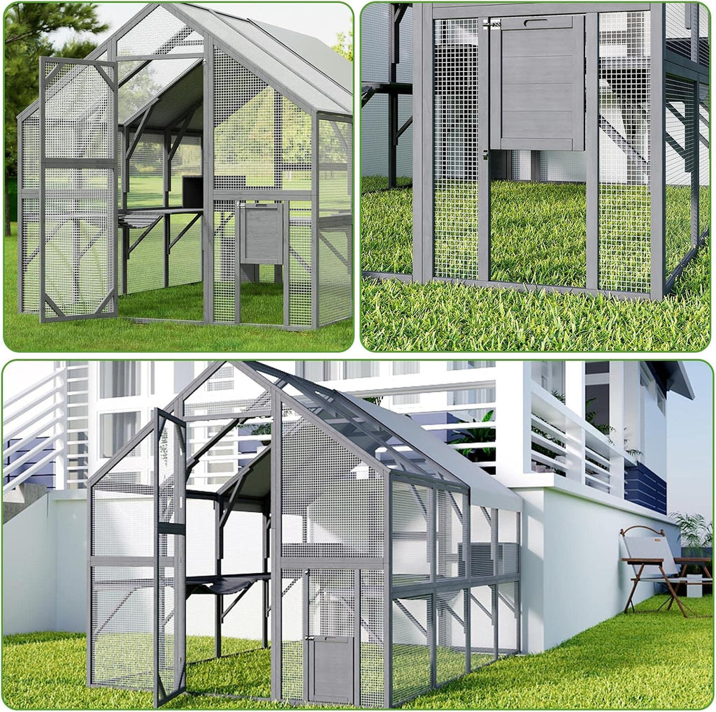 Large Wooden Outdoor Cat House, 57.2ft2 Cat Run Enclosure Walk in Catio Kitten Condo with 2 Doors, 2 Playpen & Hiding