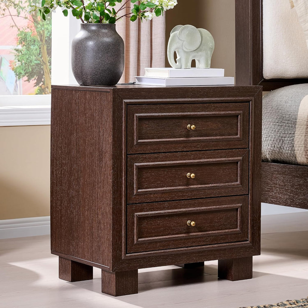 3 Drawer Night Stand with Two Base Styles Included, Mid Century Modern Nightstand with Charging Station, Wooden End