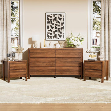 Walnut Mid-Century Modern 3 Piece Bedroom Furniture Set, 6 Drawer Dresser with Handleless Wood Grain Design and
