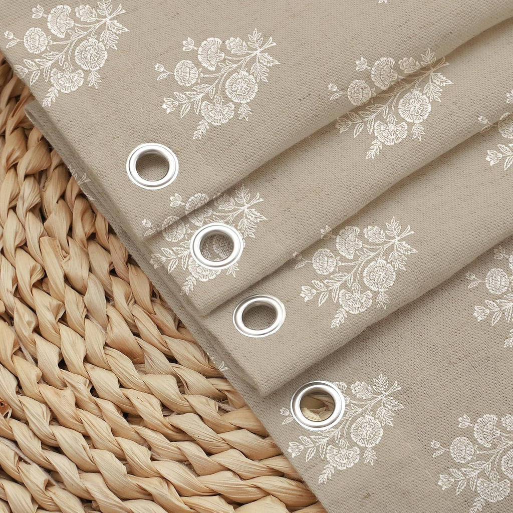 Beige Linen Textured Ruffle Shower Curtain - Vintage Floral Block Print,Boho Cottagecore Farmhouse French Country