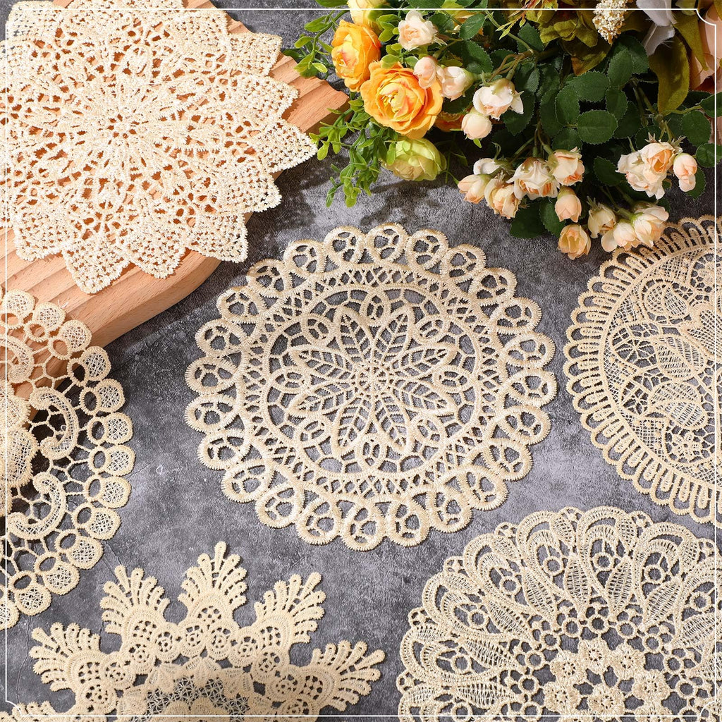 18 Pcs 8 Inch Lace Doilies for Tables, Beige Crochet Lace Placemat