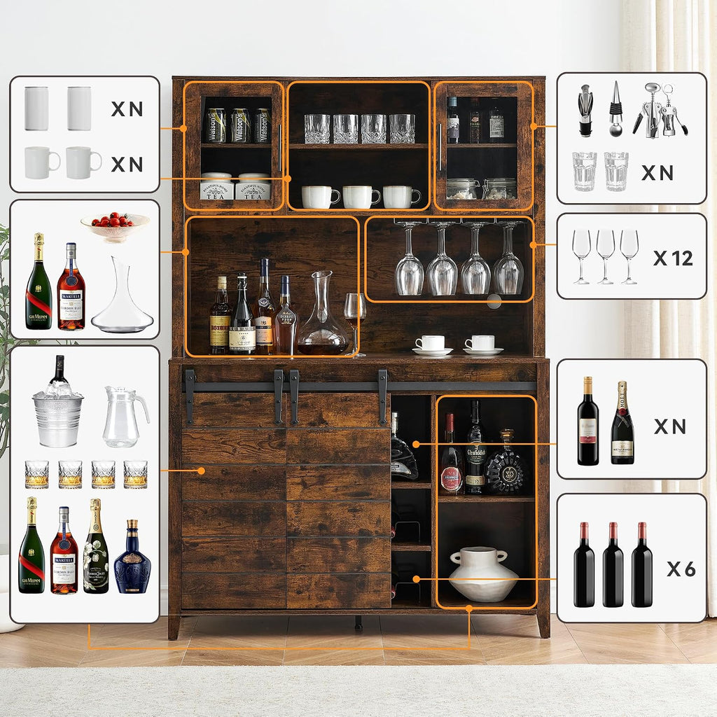 70'' Wine Coffee Bar Cabinet with Storage Hutch, Tall Kitchen Pantry Liquor Cabinet with Sliding Barn Doors, Bottle