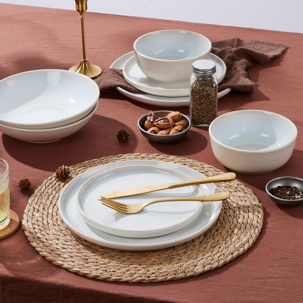 24 Piece Plates and Bowls Sets for 8, Ceramic Dishes Set, Dusk White