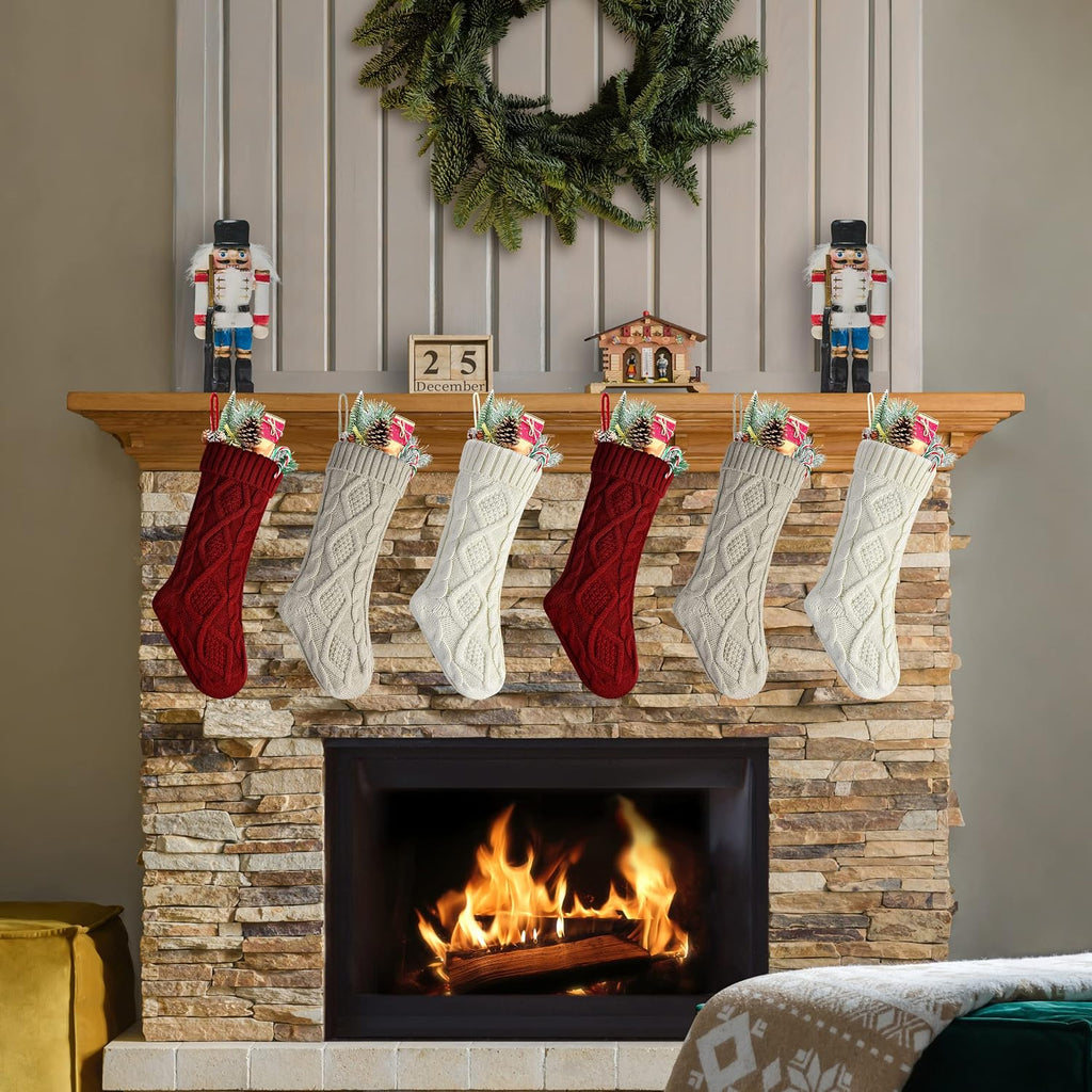 Christmas Stockings 20 Inch Burgundy, Ivory, Khaki Cable Knit Xmas Stockings for Family Christmas Decoration, 6 Pack
