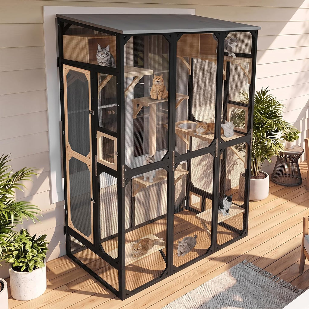 Window Catio, Large Outdoor Cat Enclosure for 3-6 Indoor Cats, Black