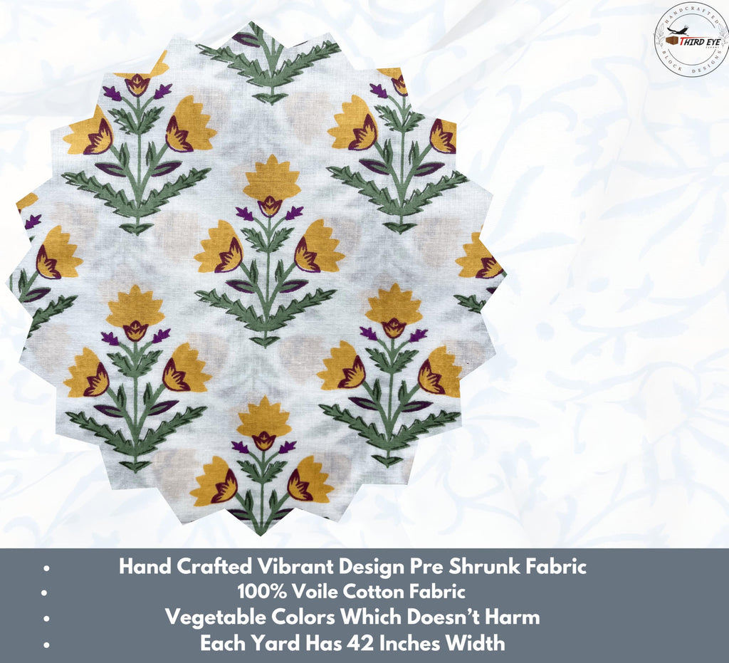 100% Cotton Fabric by the Yard, Hand Block Print Fabric for Sewing