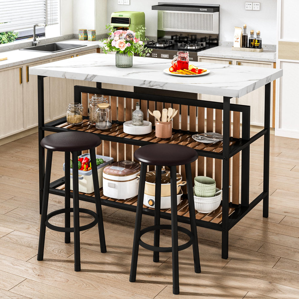 Kitchen Island with Stools & Storage, Modern Dining Table Set for 2, 3 Piece Kitchen & Dining Room Sets Island Table