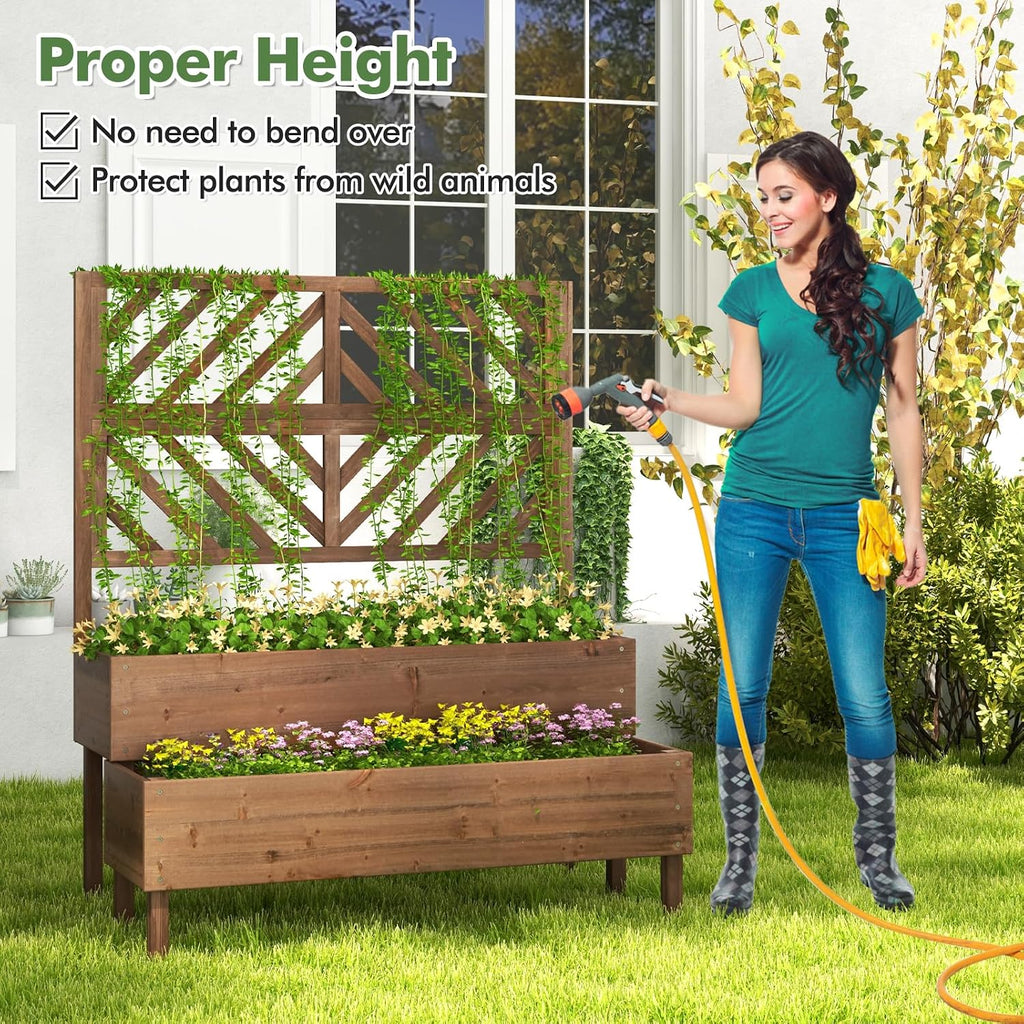 Raised Garden Bed with Trellis & 2 Planter Boxes, 2-Tier Outdoor Wooden Elevated Planter Box with Legs & Drainage