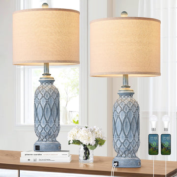 Farmhouse Lamps Set of 2, 28" Rustic Lamps with USB Ports, 3-Way Dimmable Nightstand Table Lamp (Bulbs Included)