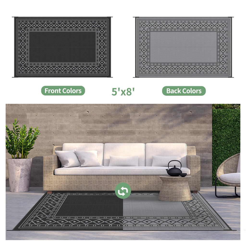 Outdoor Rug, Waterproof Plastic Rugs, 5'x8' Black Grey