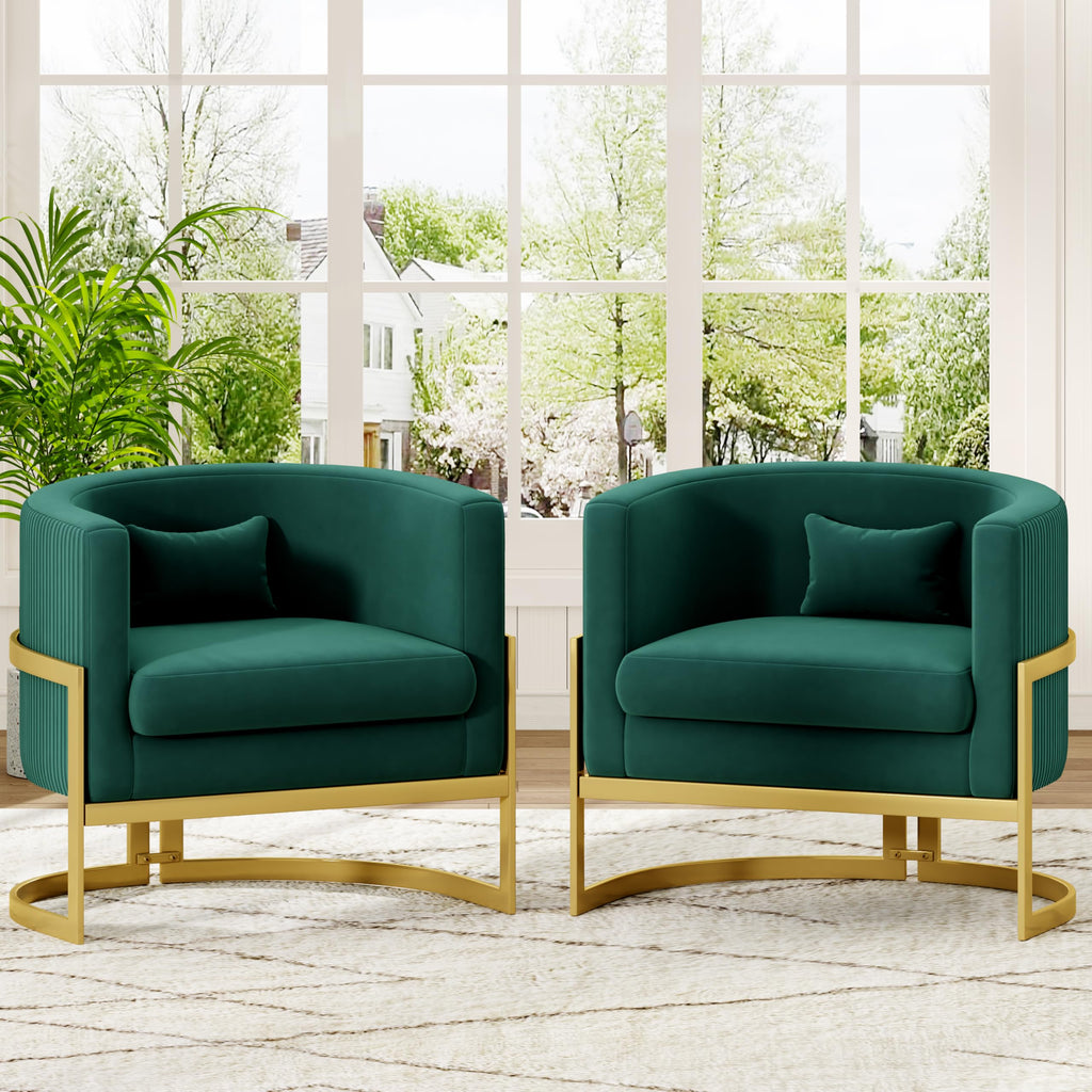 Green Accent Chair Modern Velvet Barrel Chair with Gold Metal Legs