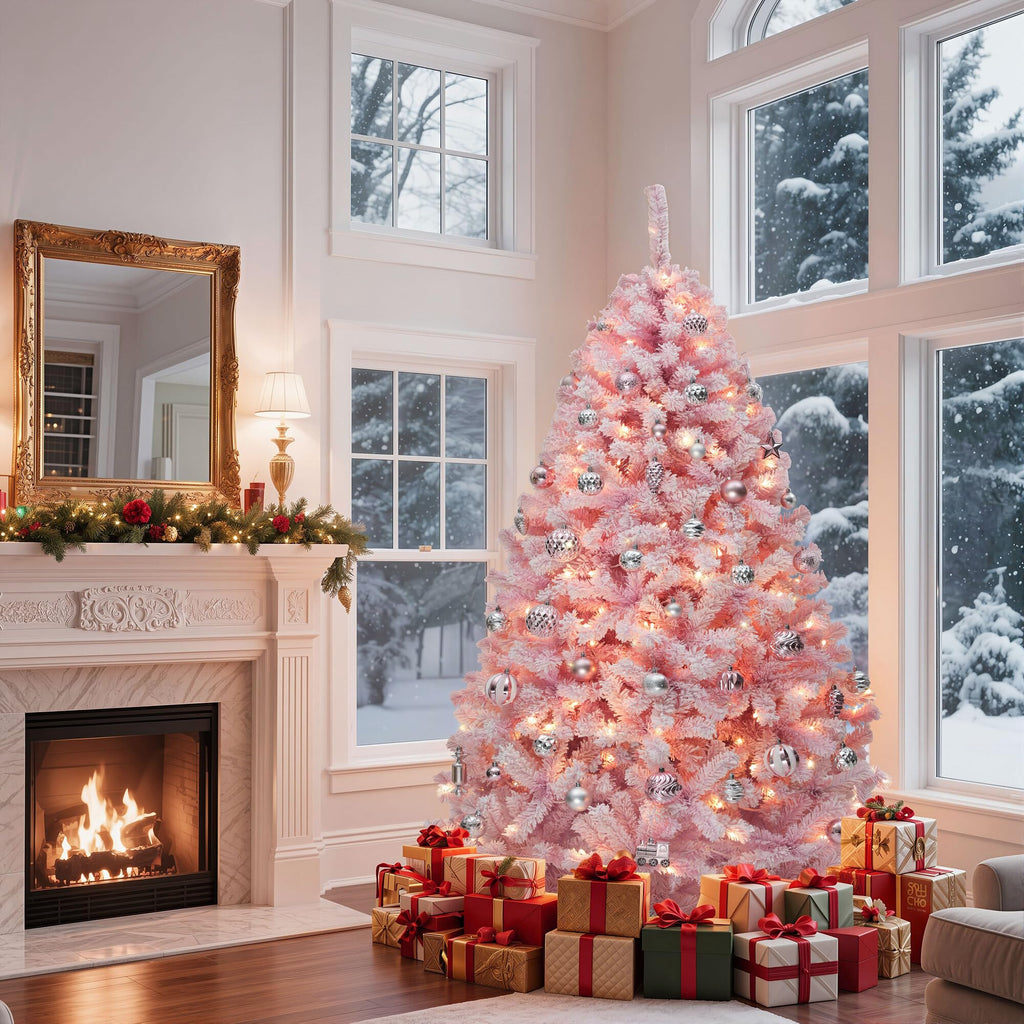 4.5ft Prelit Pink Flocked Christmas Tree w/ 200 Warm White Lights