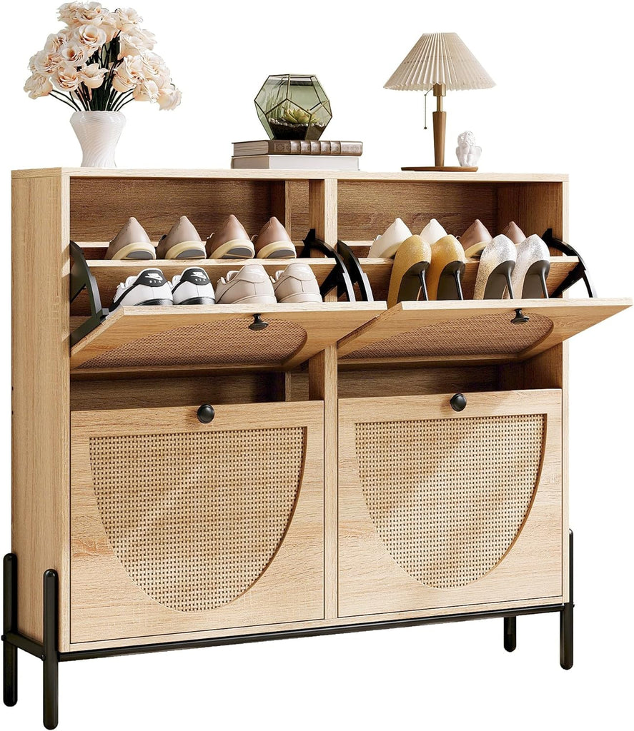 Rattan Shoe Cabinet Storage with 4 Flip Drawers, Freestanding Shoe Storage Organizer Cabinet , Narrow Shoe Rack