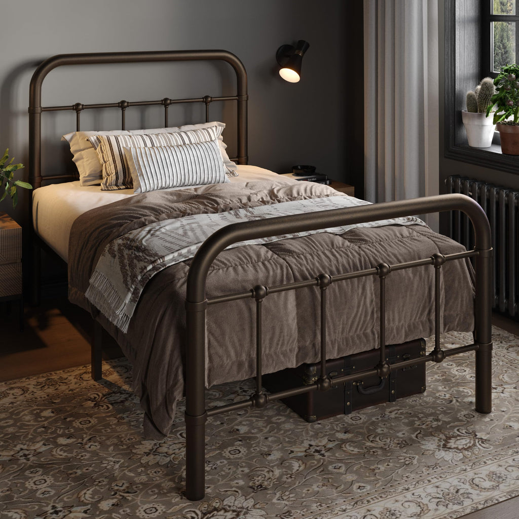 Twin Metal Bed Frame with Victorian Headboard, Antique Bronze