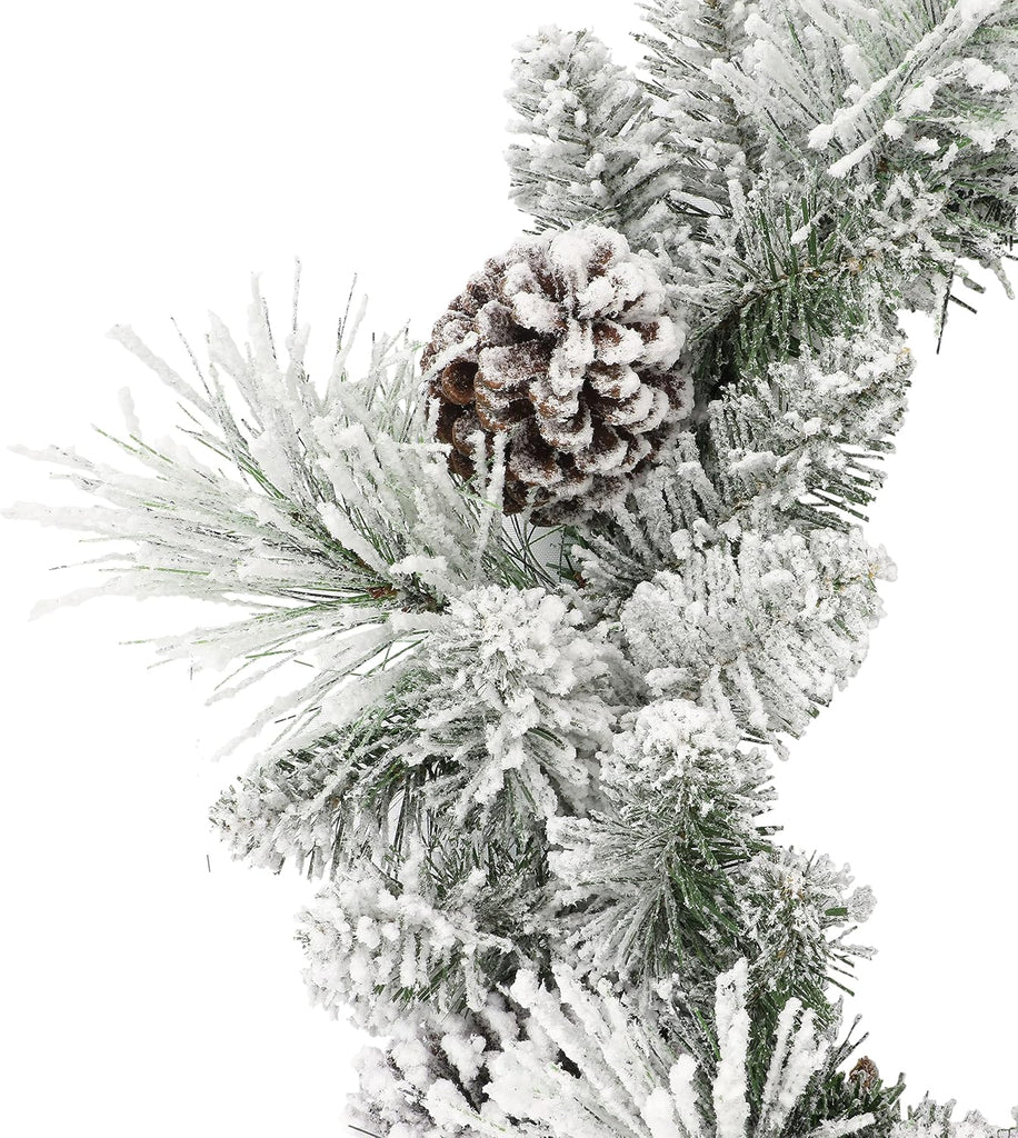 24 in Flocked Berkshire Spruce Wreath, 56 Tips, Pine Cones