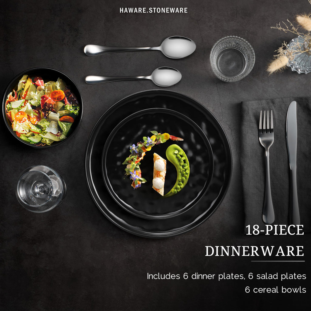 Dinnerware Sets, 18-Piece Plates and Bowls Set, Matte Black