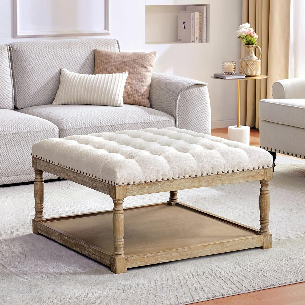 33-inch Square Ottoman Coffee Table, Large Storage Ottoman (Beige) | Tufted Upholstered Linen Ottoman , Farmhouse