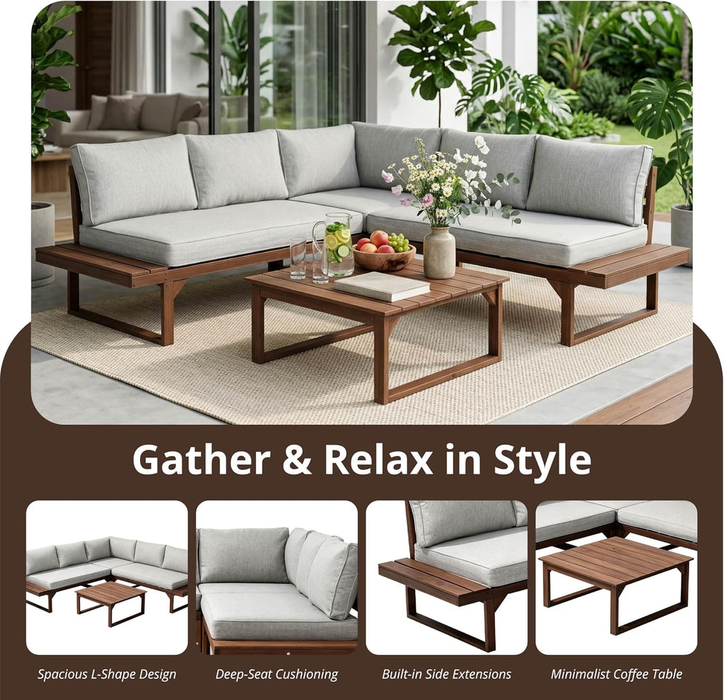 4 Piece Wood Patio Furniture, L-Shaped Outdoor Sectional Sofa Set with Coffee Table, Conversation Set with Built-in