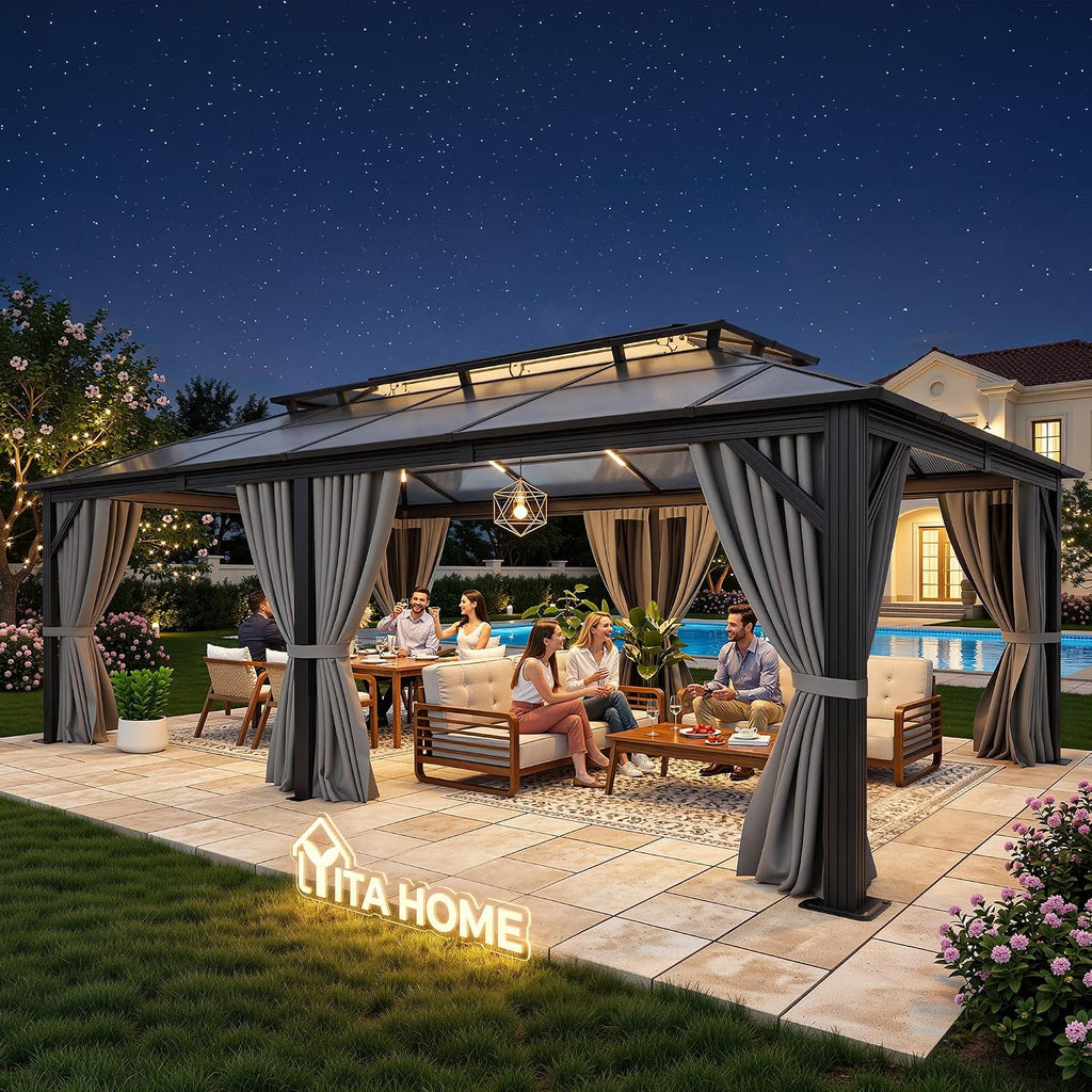 12x20FT Gazebo Polycarbonate Hardtop Double Roof Canopy Outdoor with Netting and Shaded Curtains