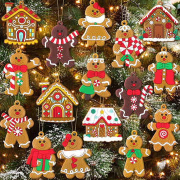 Gingerbread Man Ornaments Gingerbread Christmas Decorations with Gingerbreads House Ornament Hanging Party Decor - Set of 16