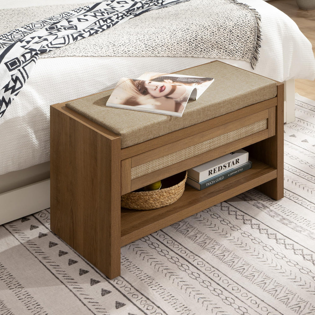 Rattan Shoe Bench Entryway Bench with Storage Drawer, Linen Cushion