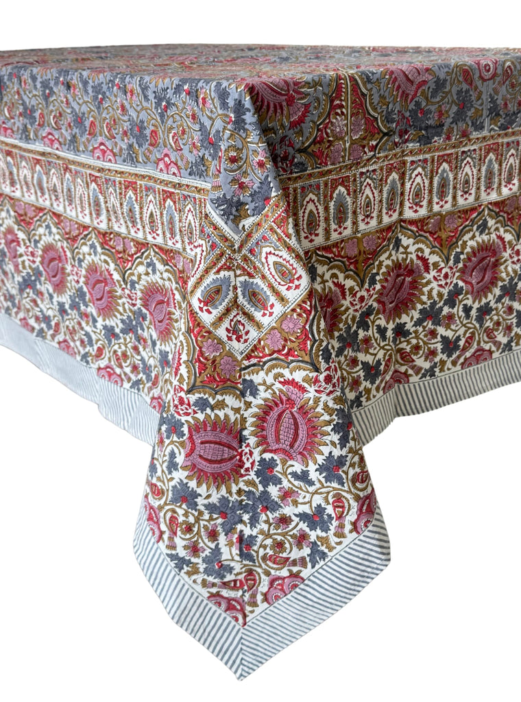 Bella 100% Cotton Rectangle Summer Tablecloth, Indian Block Print Floral Table Cloth I Dining Parties Weddings