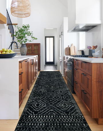 Washable Runner Rugs, Moroccan Non-Slip Black Long Kitchen Runner, Low Pile Boho Soft Carpet Runner for