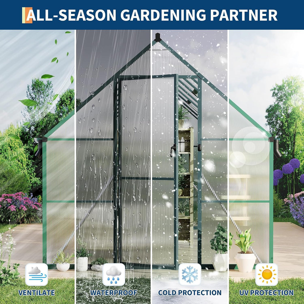 8 x 16 ft Outdoor Polycarbonate Greenhouse Kit, Heavy Duty Greenhouse with Reinforced Aluminum Frame, Adjustable Roof