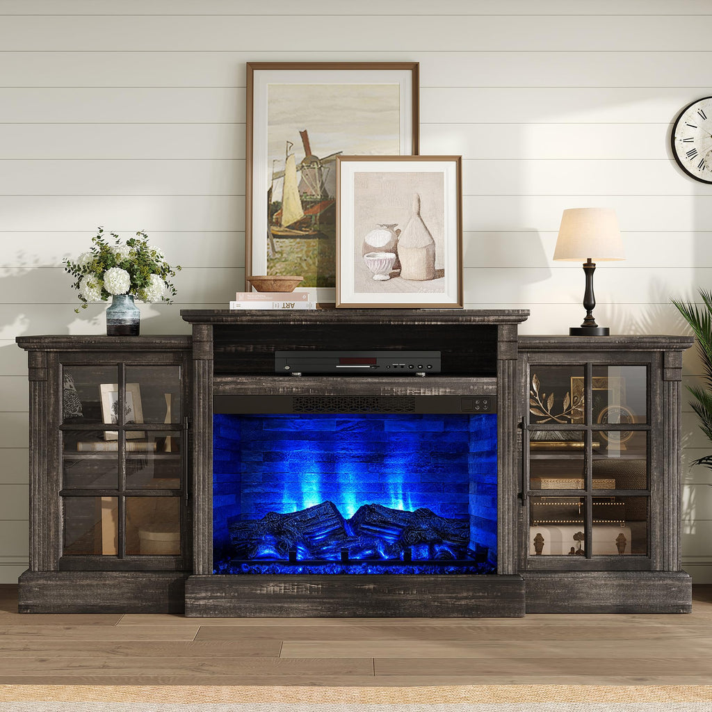 70" Farmhouse TV Stand with 28" Fireplace, Rustic Black