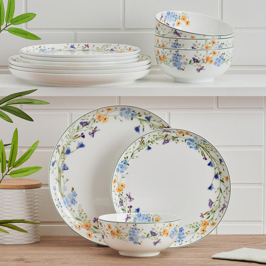 Quinn Lightweight Bone China 12 Piece Dinnerware Plate Bowl Set, Service for 4