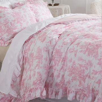 French Country Toile Duvet Cover Set Organic Cotton Farmhouse Bedding Set Pink Pastoral Pattern Breathable