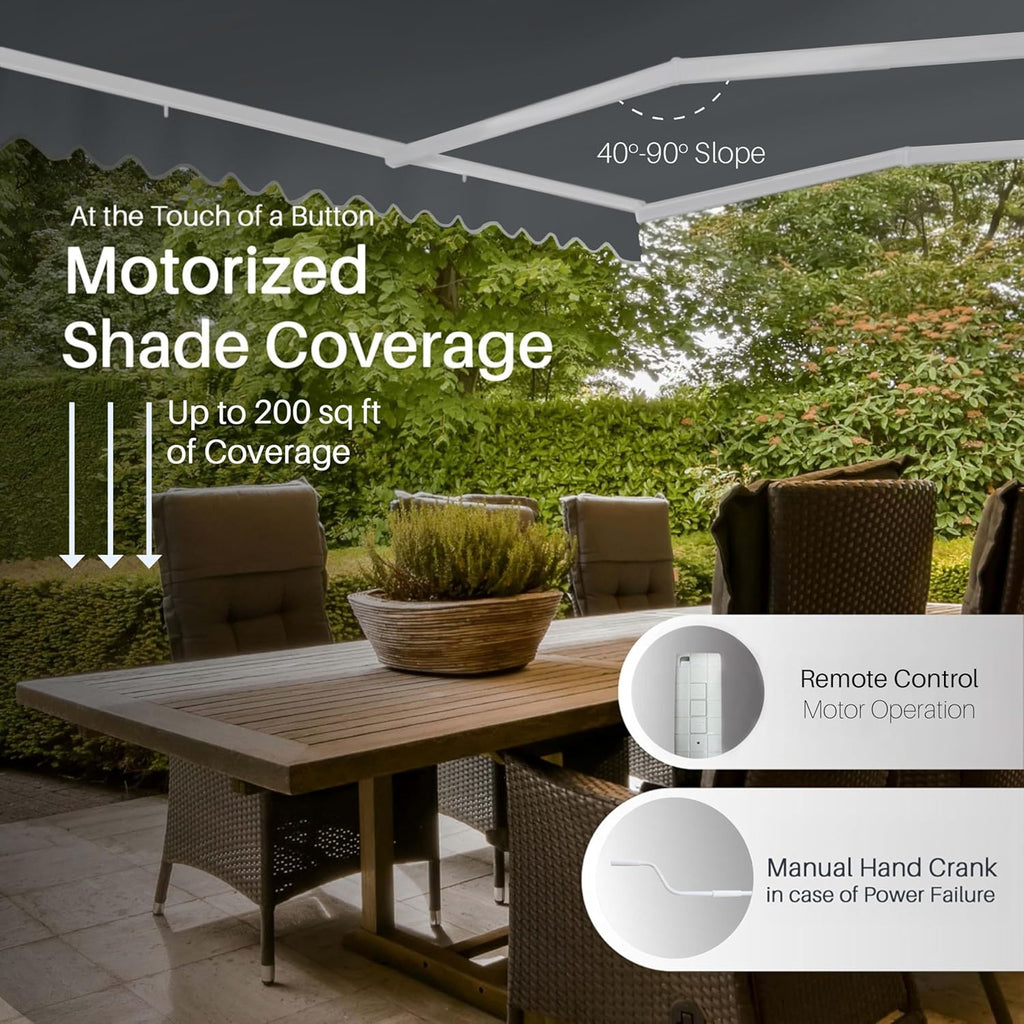 20x10 ft Electric Retractable Patio Awning, Remote Control Motorized & Manual Crank, Outdoor Shade Canopy with
