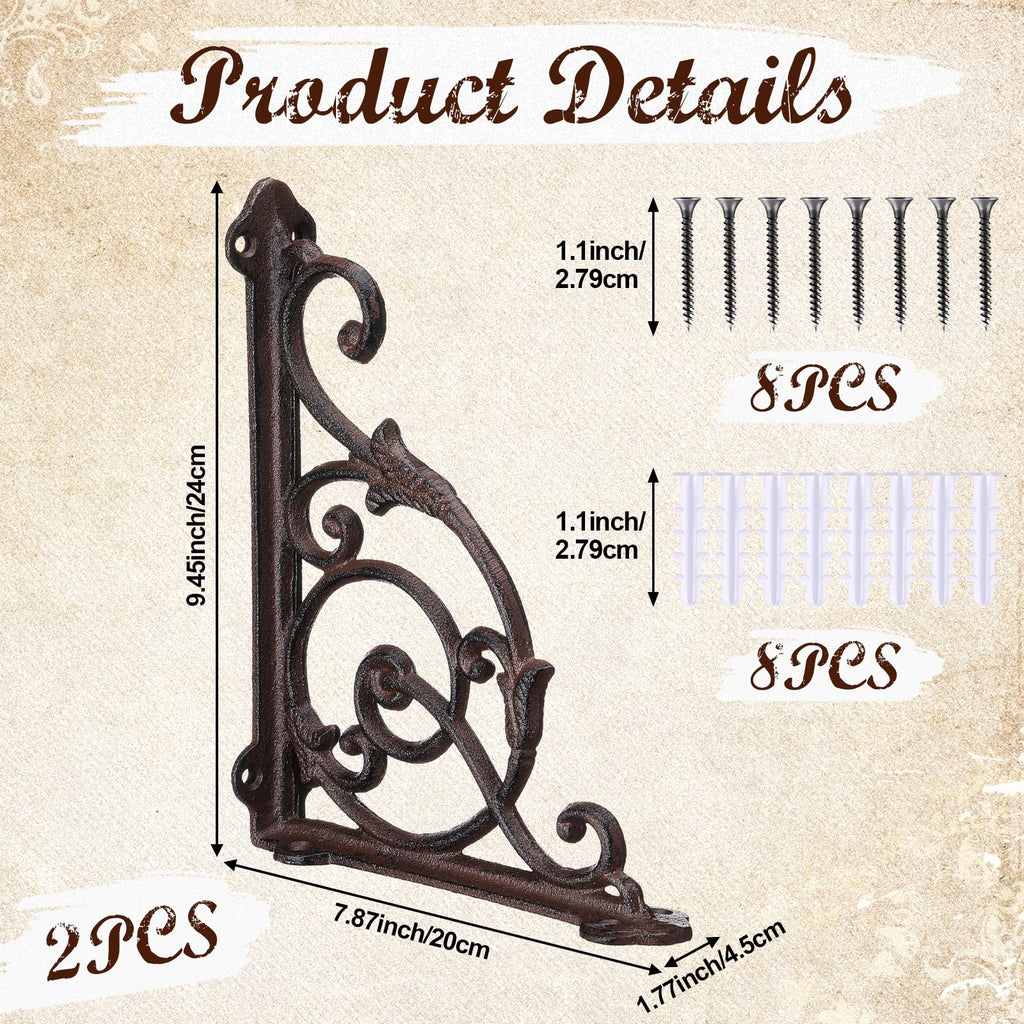2 Pack Cast Iron Decorative Shelf Brackets 9.5 x 7.9 Inch Large Antique Style Wall Mount Shelf Victorian Bookshelf
