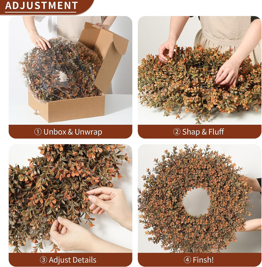 26'' Fall Wreath for Front Door, Artificial Autumn Boxwood Wreath Outdoor