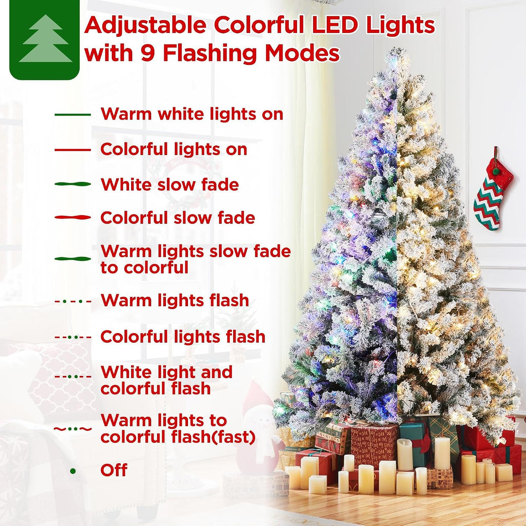 7.5ft Pre-lit Spruce Artificial Christmas Tree Snow Flocked Hinges Tree with 550 Multicolor LED Lights & 1284 Branch