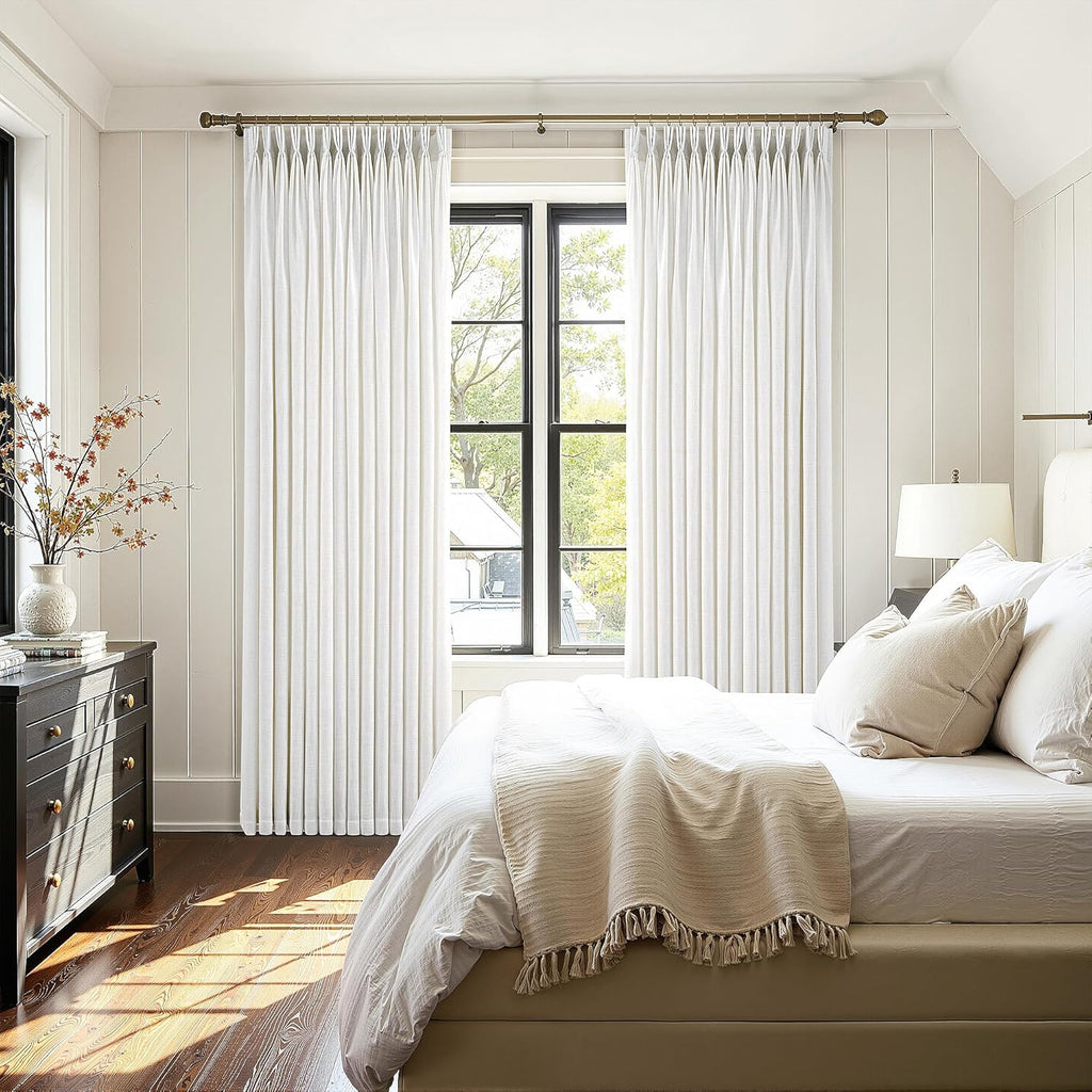 Triple Pinch Pleated Curtains for Living Room 90 Inch Linen Curtains 2 Panels Set Natural Cream Light Filtering Semi