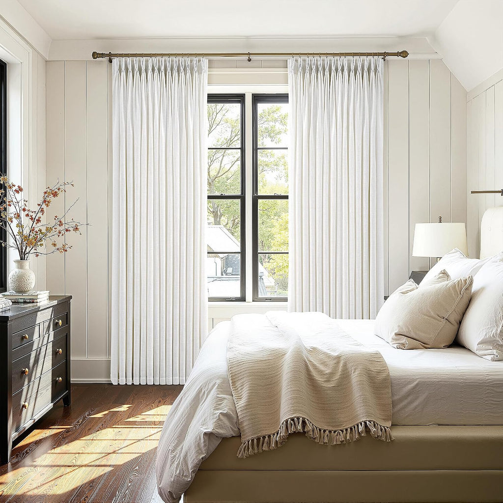 Triple Pinch Pleated Curtains for Living Room 90 Inch Linen Curtains 2 Panels Set Natural Cream Light Filtering Semi