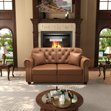 63" Faux Leather Chesterfield Sofa with Rolled Arms & Nailhead Trim, Modern Style 2-Seater Button Tufted Couch with