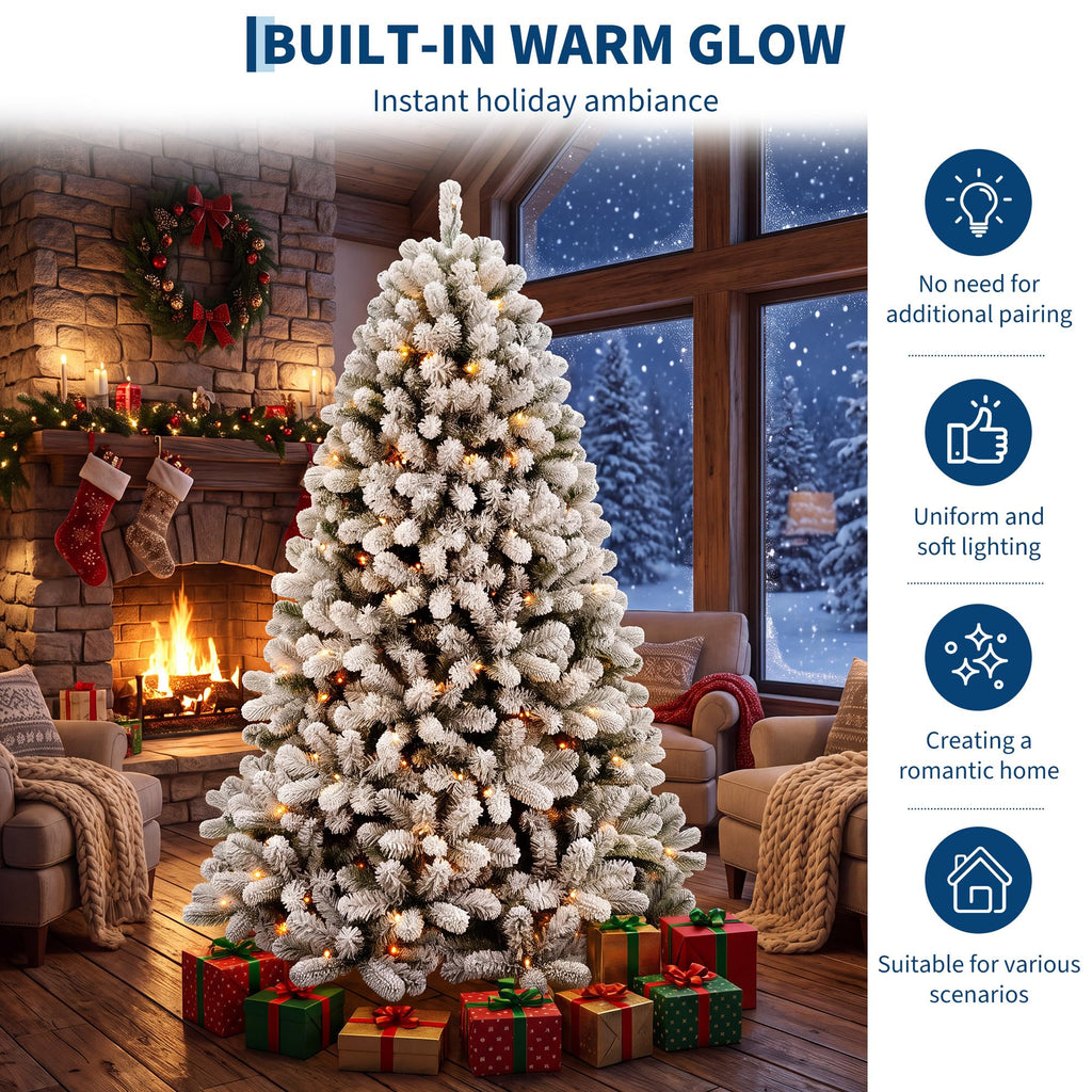 7.5ft Pre-Lit Snow Flocked Christmas Tree, Spruce Artificial Hinged Tree