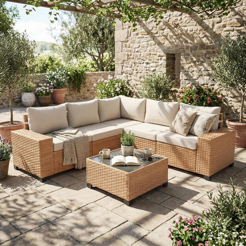 6-Piece Patio Wicker Sectional Furniture Set, Outdoor Modular Couch | L-Shaped Couch, 7.7" Wide Armrests, Thick