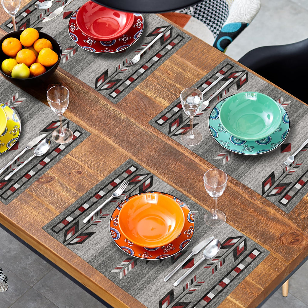 Southwestern Placemats, Grey Red Tribal Geometric Decorative Table Mats, Native American Ethnic Farmhouse Non-Slip