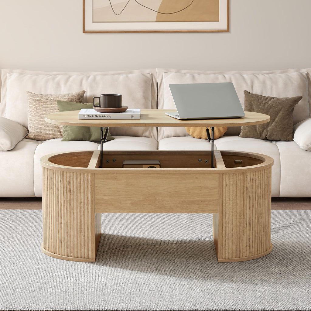 Fluted with Lifting Top, Oval Wood Lift Top with Hidden Compartment, Mid Century Pull up Center Tables - Natural