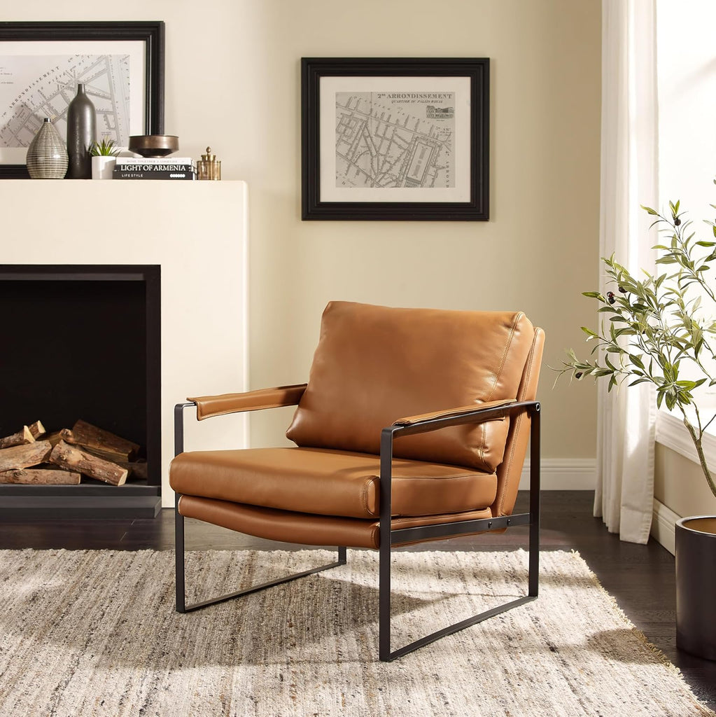 Mid Century Modern Accent Leather Armchair Lounge Chair Brown - Set of 2