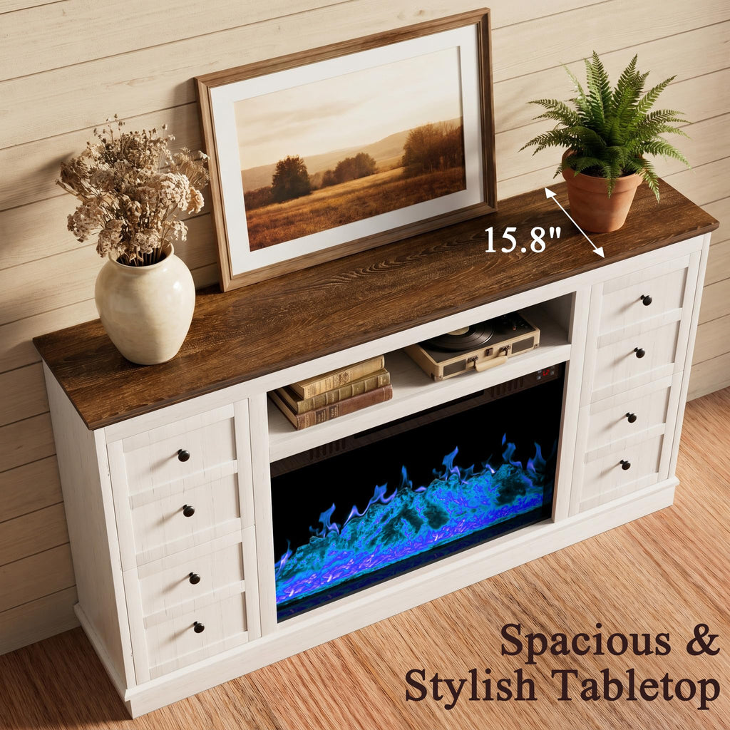 62" Farmhouse Fireplace TV Stand for up to 75" TV, White