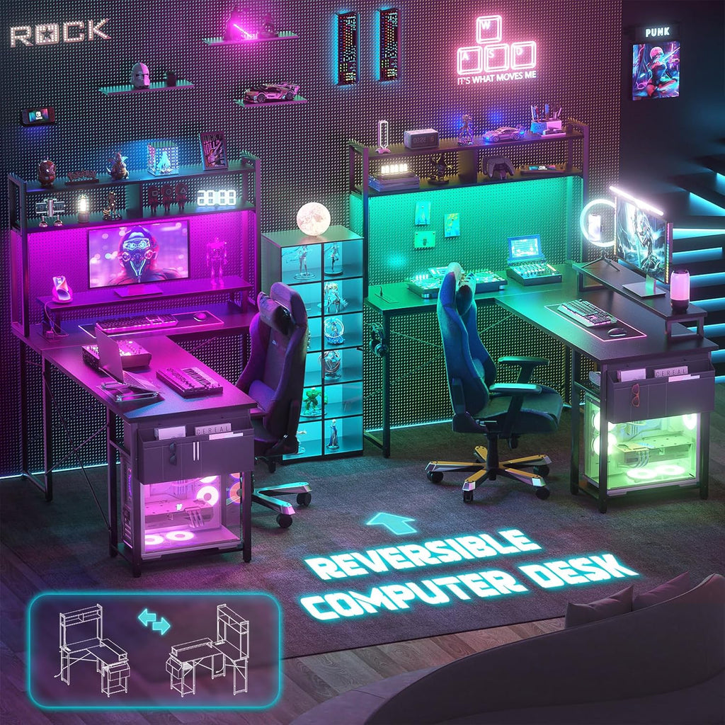 Small L Shaped Desk Gaming Desk with LED Lights & Power Outlets | Reversible L-Shaped Computer Desk with Monitor