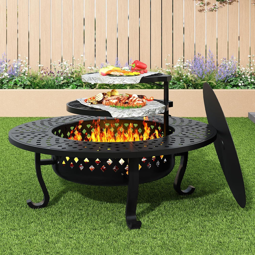 43 Inch Fire Pit with 2 Grill, Outdoor Wood Burning Firepit with Lid, Metal Round Table